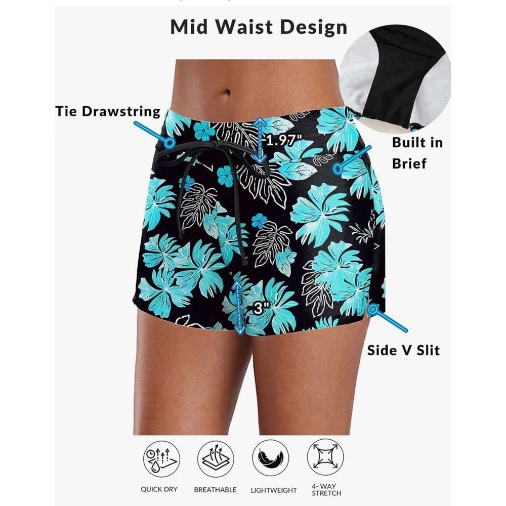 Aqua Eve Womens Two Piece Tankini Swimsuit Black Teal Floral Boy Shorts XL